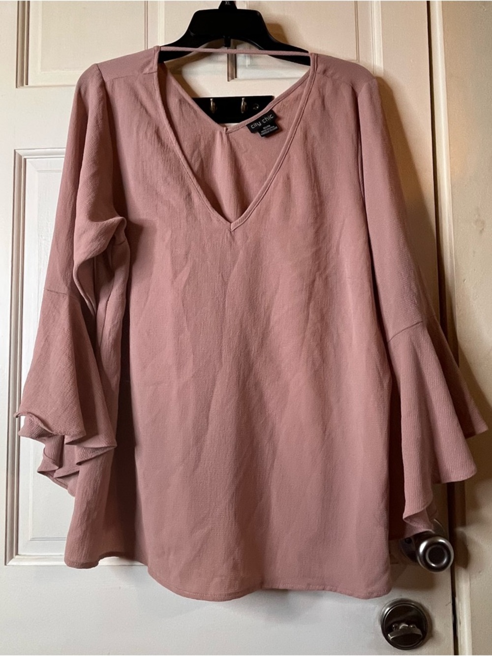 City Chic Rose Mauve V-Neck Bell Sleeve Blouse